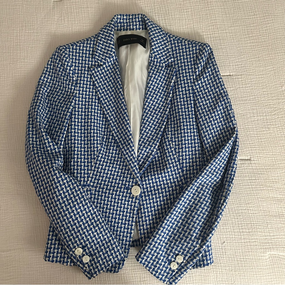 Zara Blue and White Tweed Blazer